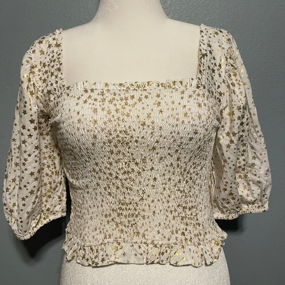 Emily McCarthy White Gold Metallic Stars Print Puff Sleeve Smocked Top Boho XS - Picture 2 of 8